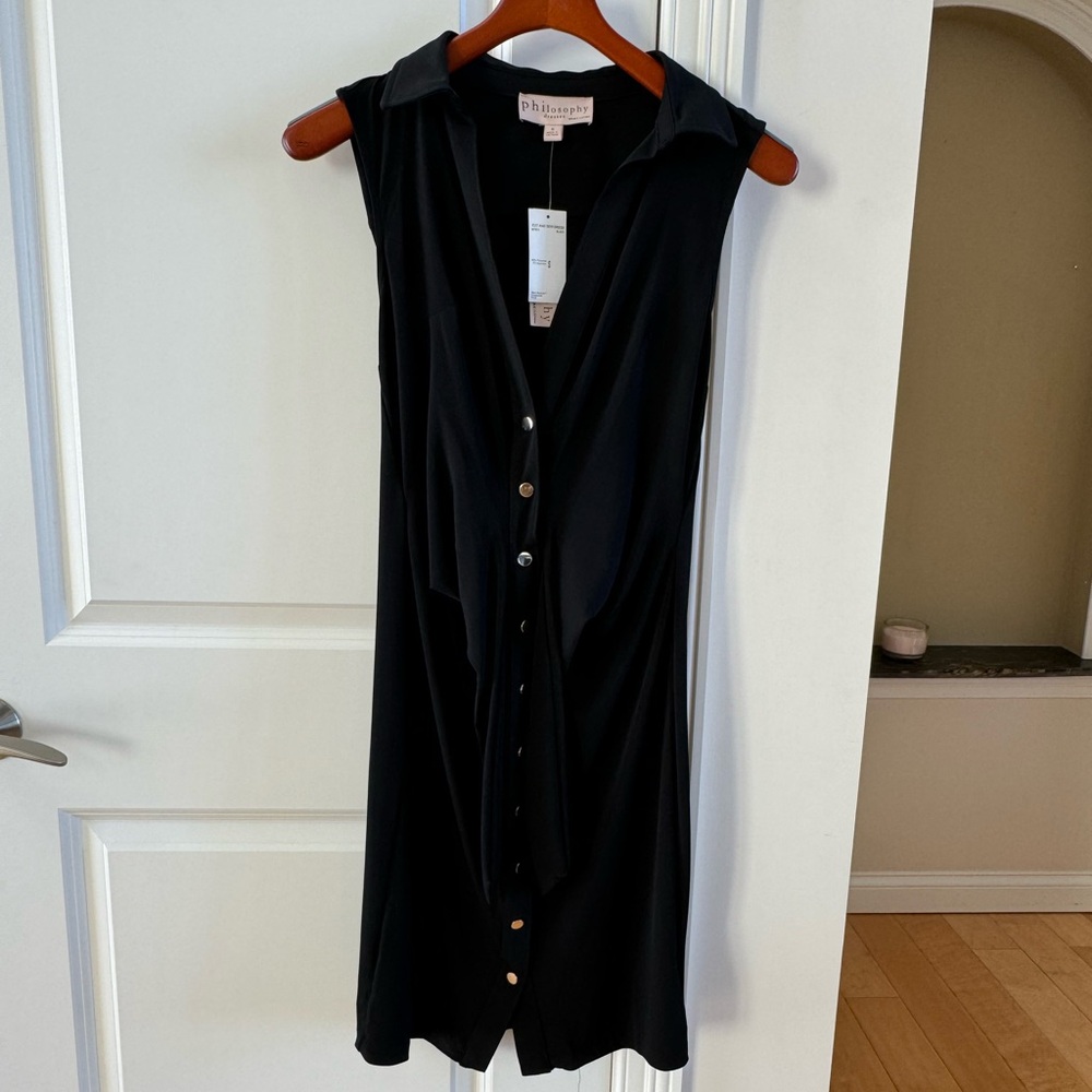 Philosophy Black tie front dress with gold buttons.